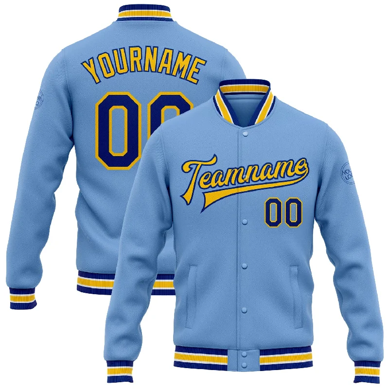Effortless And Modern Unisex Dressing Bold Fashion Sales Custom Light Blue Royal-Yellow Bomber Full-Snap Varsity Letterman Jacket